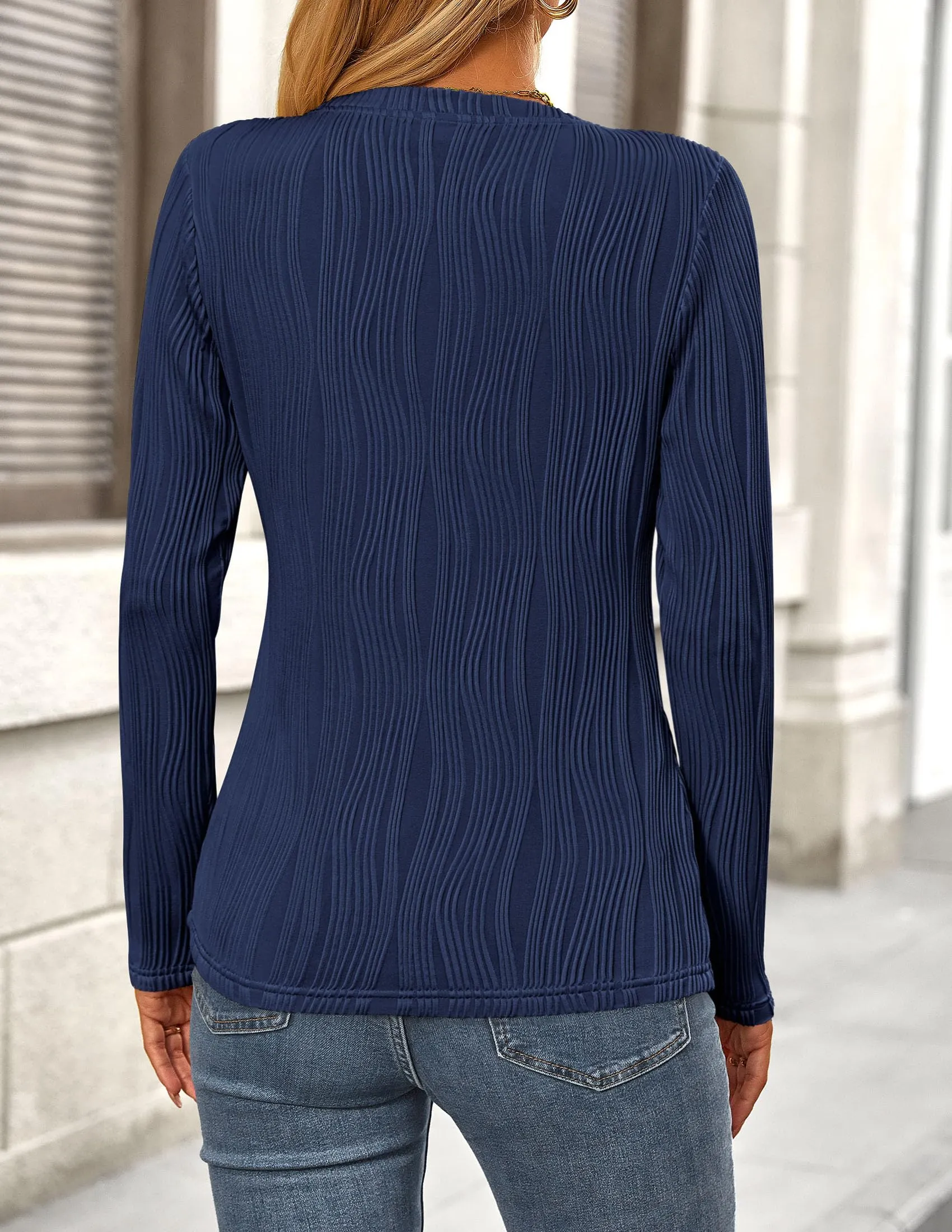 Plain Long Sleeve Crew Neck Textured Casual T-shirts