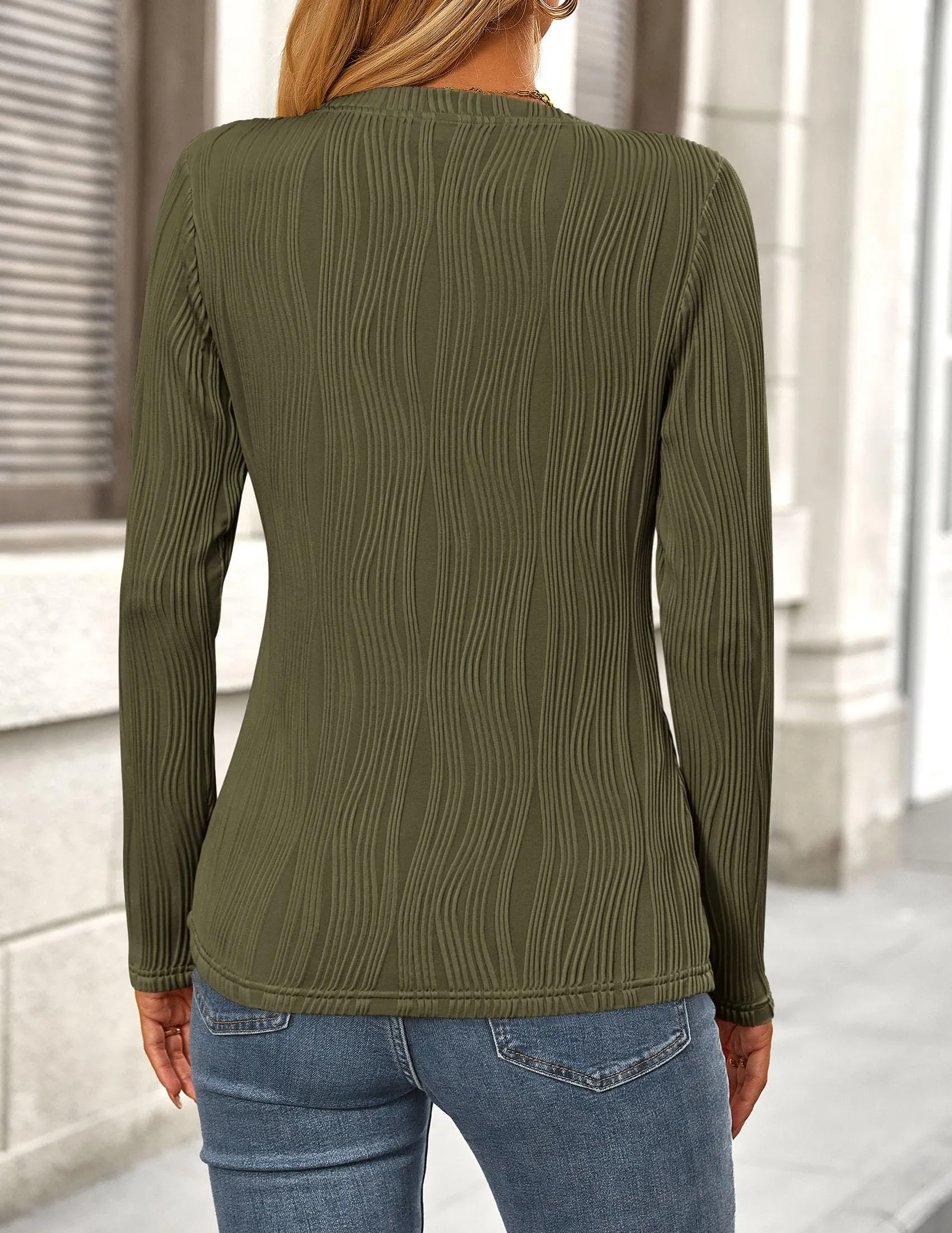 Plain Long Sleeve Crew Neck Textured Casual T-shirts