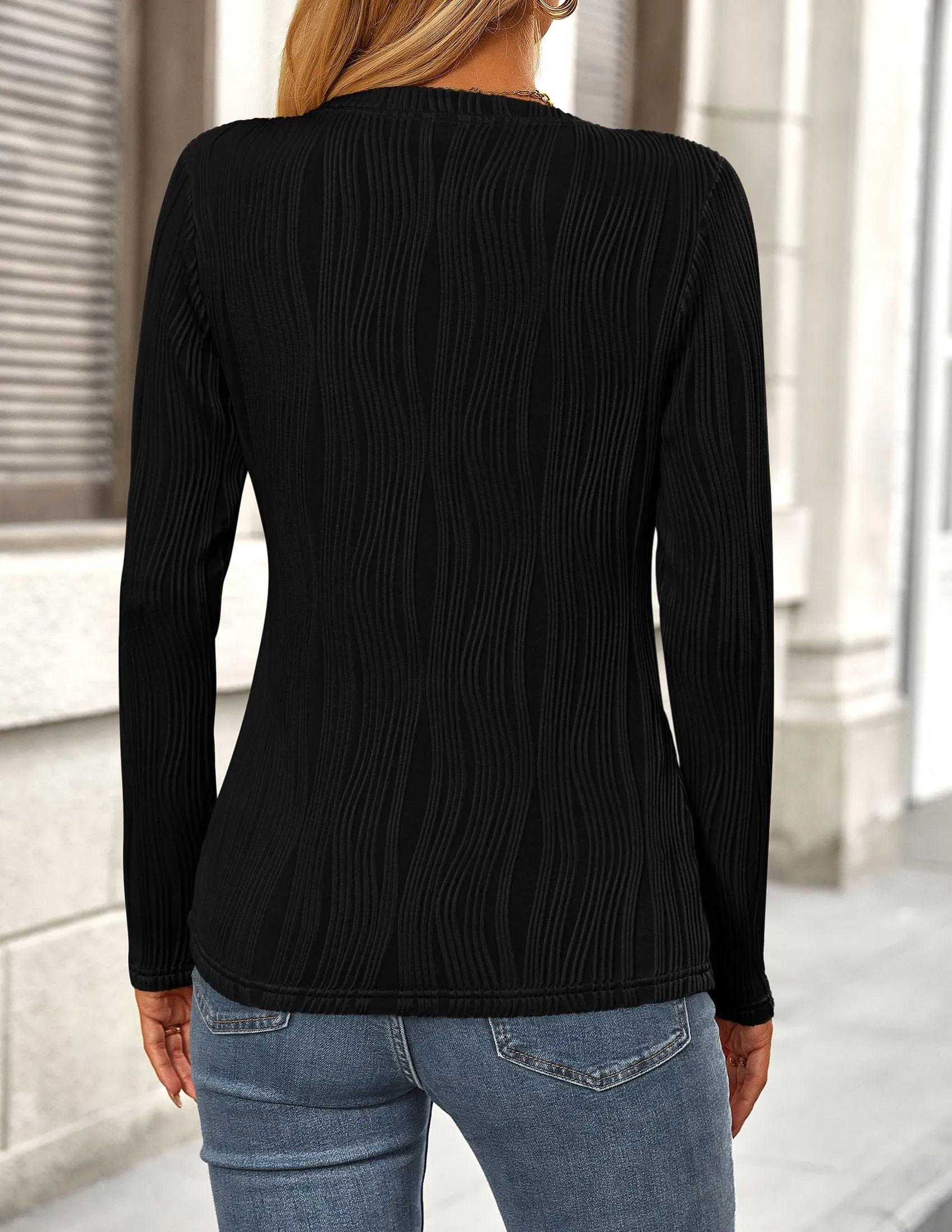 Plain Long Sleeve Crew Neck Textured Casual T-shirts