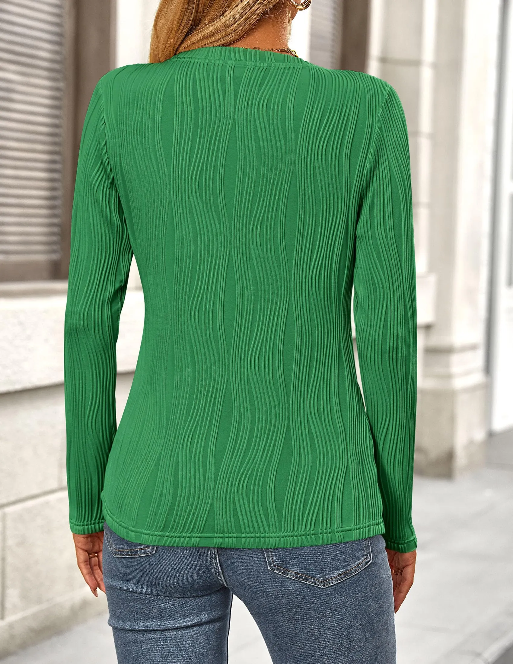 Plain Long Sleeve Crew Neck Textured Casual T-shirts