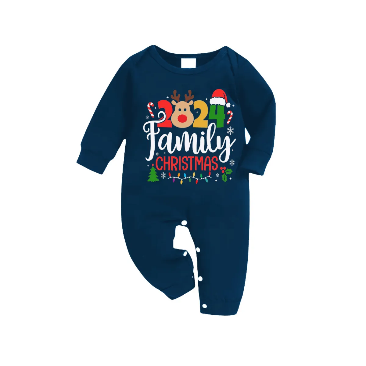 "Family Christmas 2024" Text and Deer Prints Blue Long Sleeve Top With Blue Plaid Family Matching Pajamas