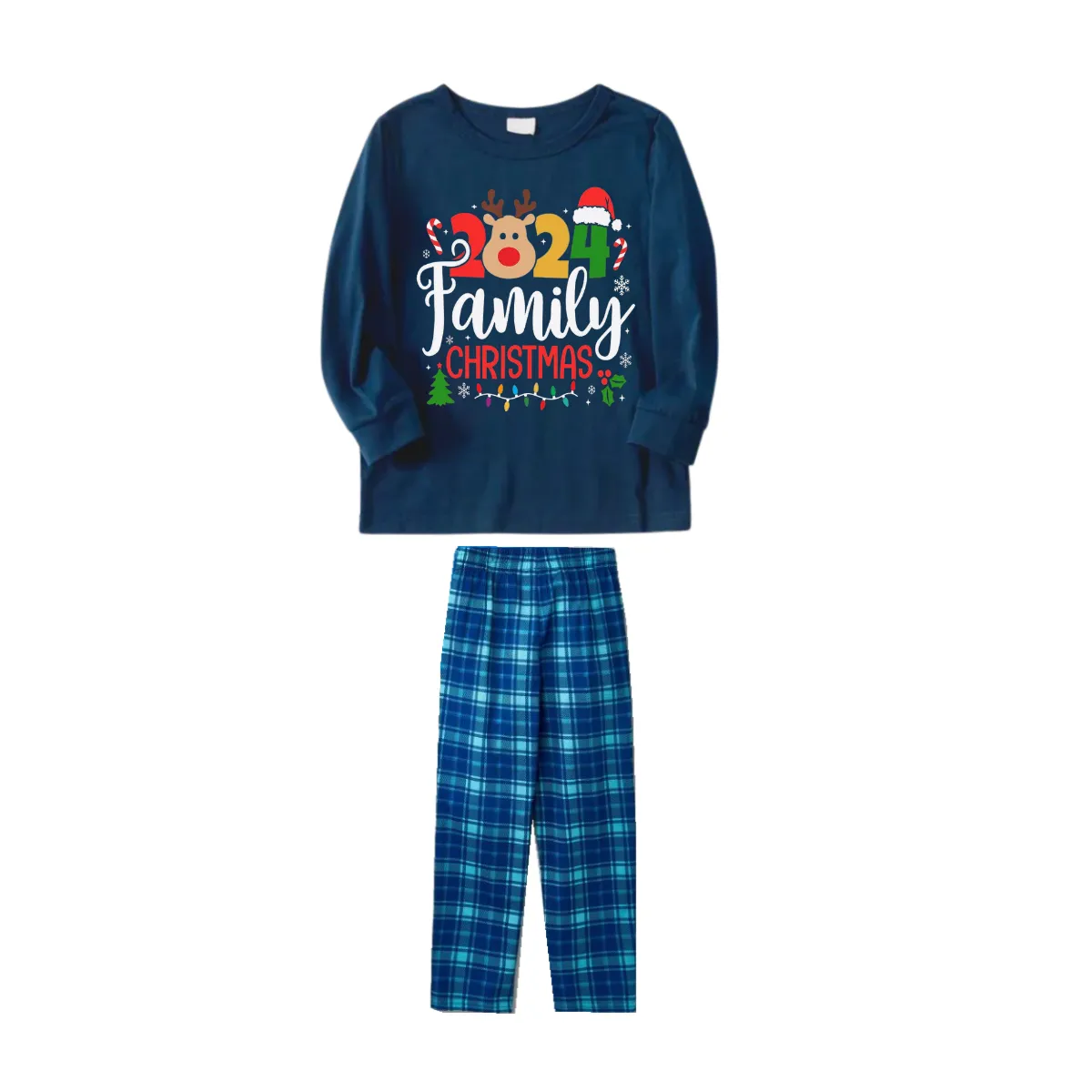"Family Christmas 2024" Text and Deer Prints Blue Long Sleeve Top With Blue Plaid Family Matching Pajamas