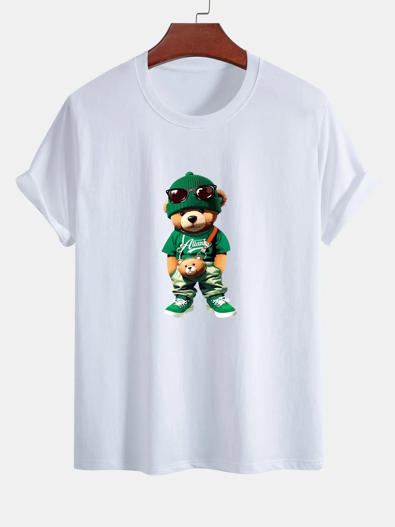 Regular Fit Trendy Bear Print Cotton T-Shirt & Drawstring Corduroy Shorts