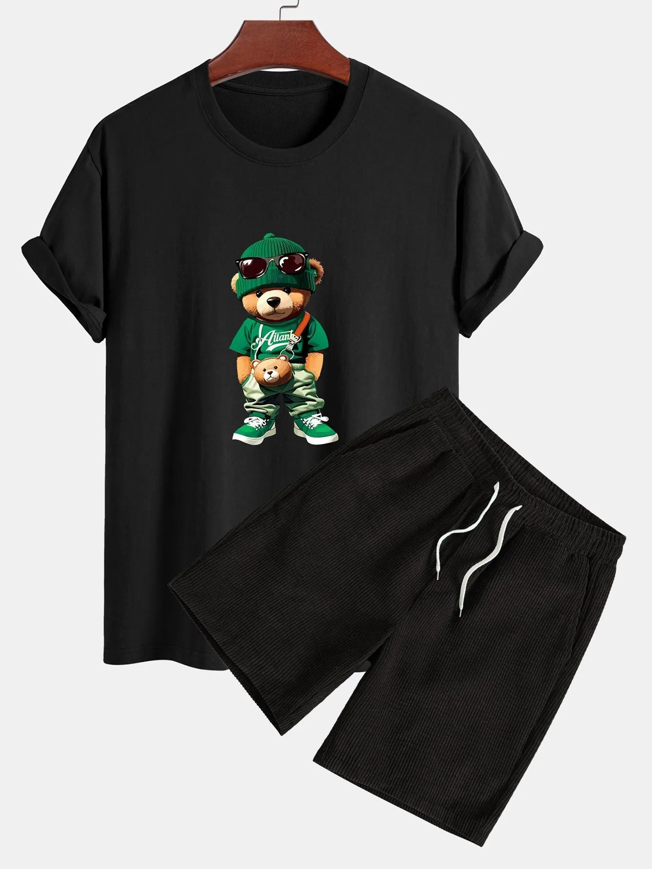 Regular Fit Trendy Bear Print Cotton T-Shirt & Drawstring Corduroy Shorts