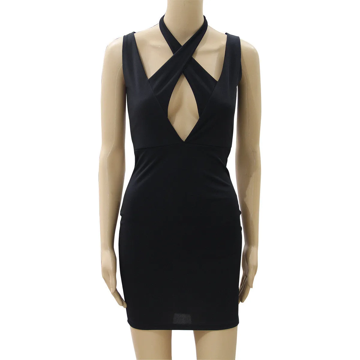 Sexy Cross Black Short Backless Bodycon Dress