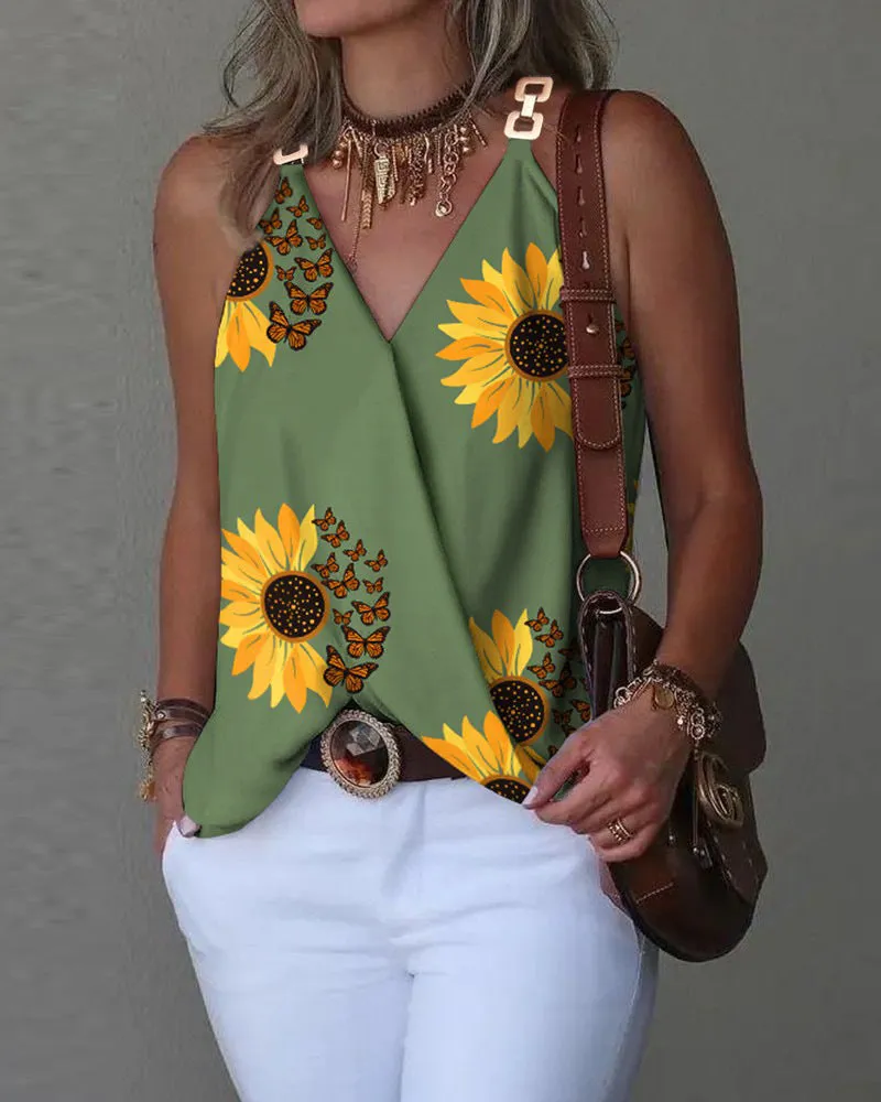 Simple V-Neck Metal Button Printed Tank Top Wholesale Womens Tops