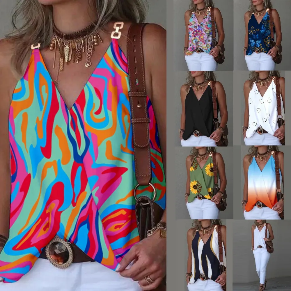 Simple V-Neck Metal Button Printed Tank Top Wholesale Womens Tops
