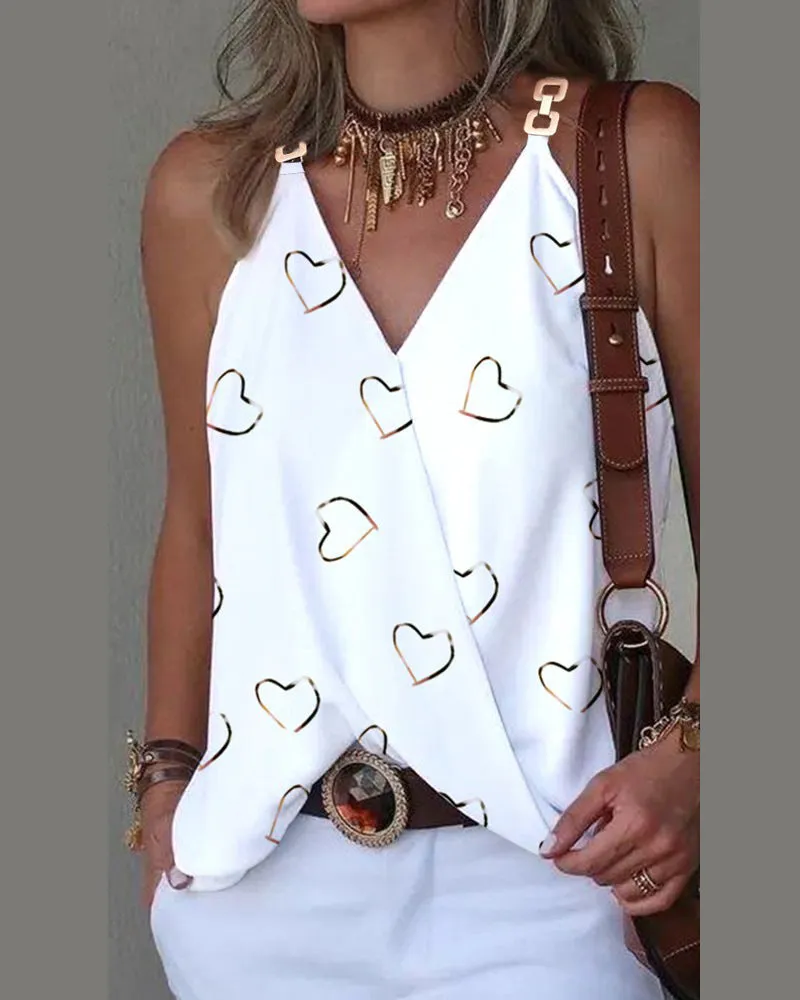 Simple V-Neck Metal Button Printed Tank Top Wholesale Womens Tops
