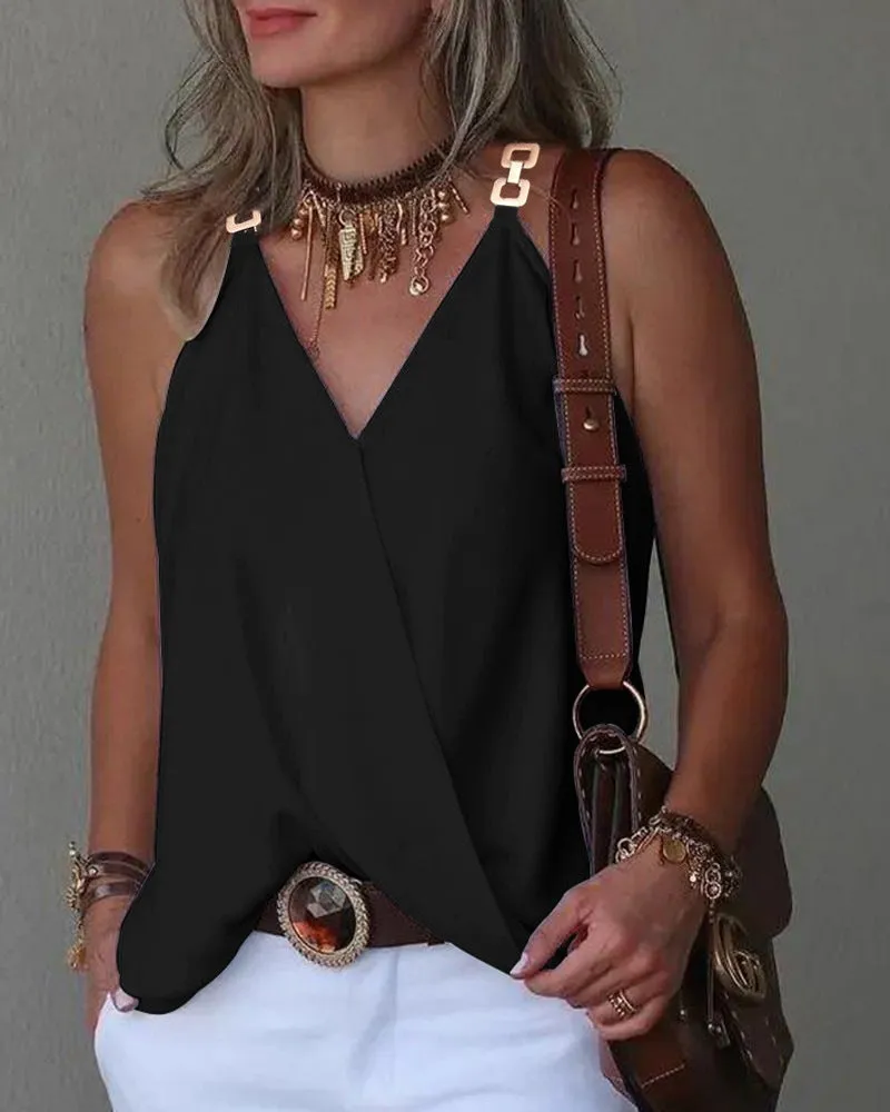 Simple V-Neck Metal Button Printed Tank Top Wholesale Womens Tops