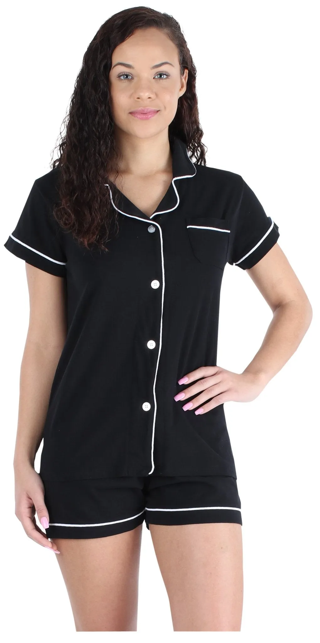 Sleepyheads Women's Stretchy Jersey Short Sleeve Button Up Top and Shorts Pajama Set