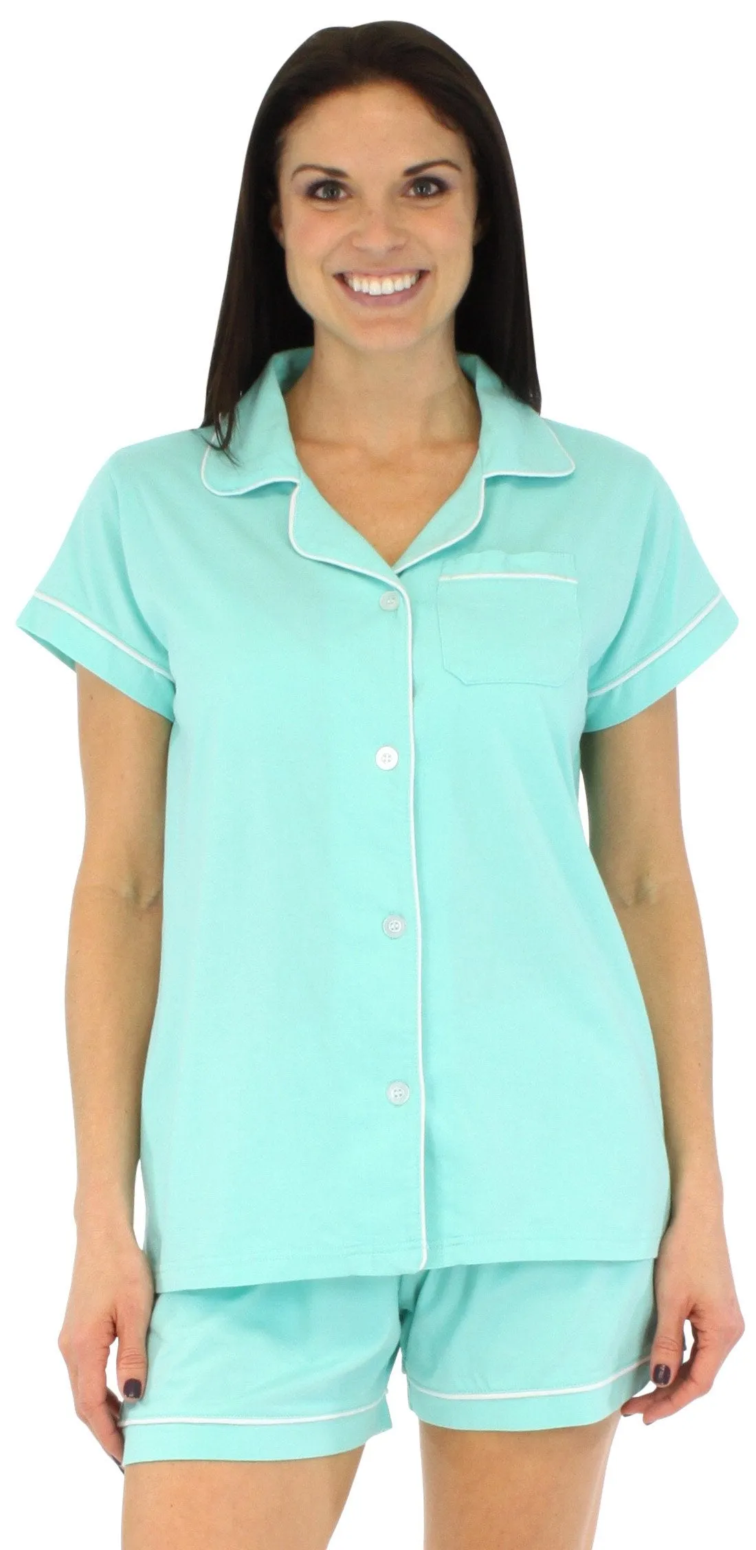 Sleepyheads Women's Stretchy Jersey Short Sleeve Button Up Top and Shorts Pajama Set