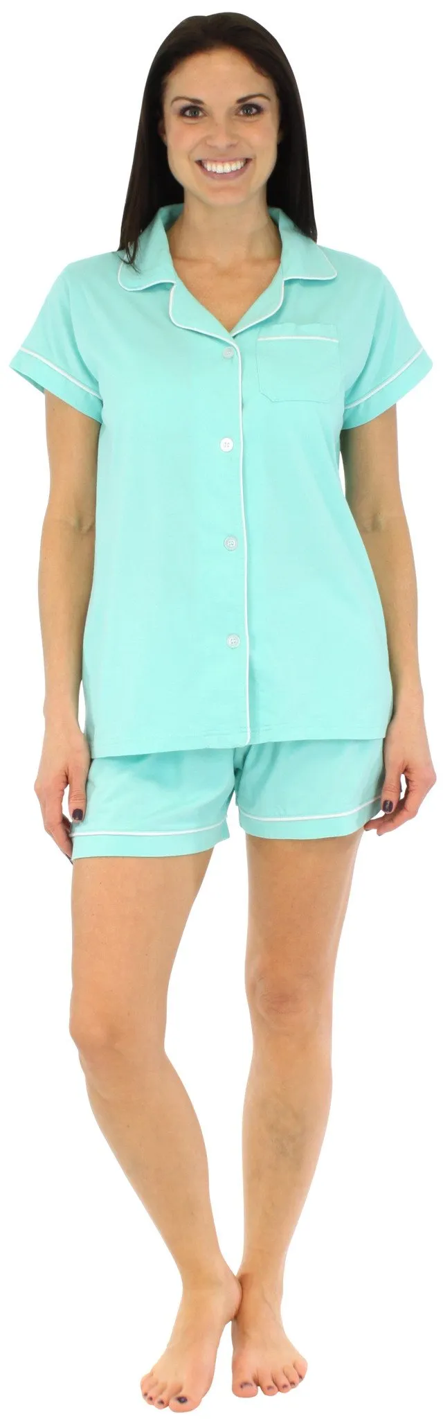 Sleepyheads Women's Stretchy Jersey Short Sleeve Button Up Top and Shorts Pajama Set