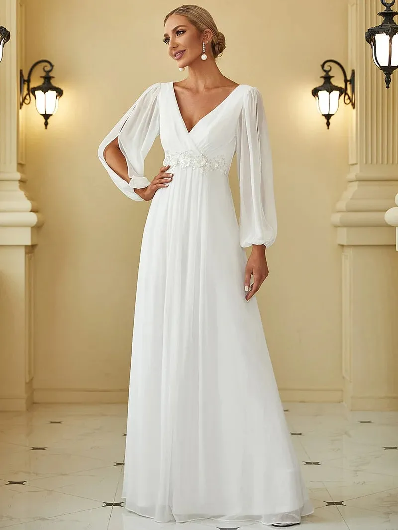 Slit Lantern Sleeve V-Neck A-Line Floor-Length Dress