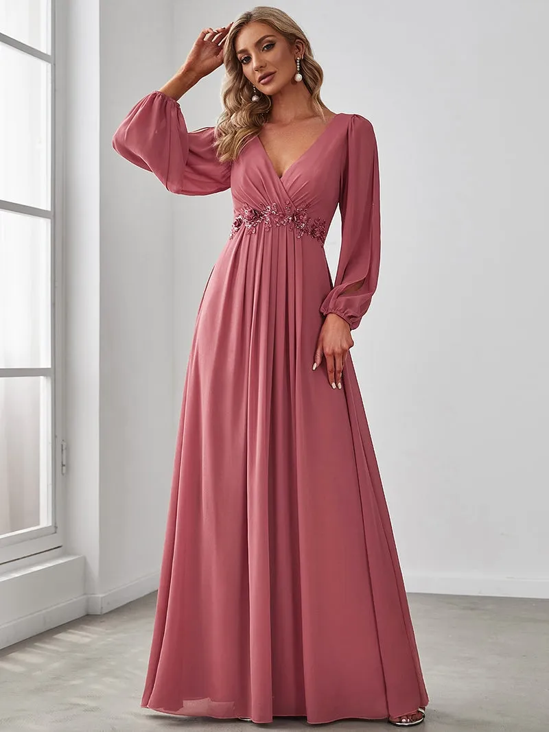 Slit Lantern Sleeve V-Neck A-Line Floor-Length Dress