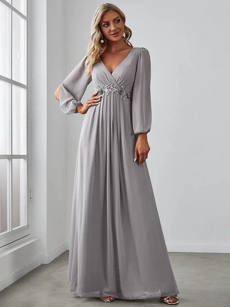Slit Lantern Sleeve V-Neck A-Line Floor-Length Dress