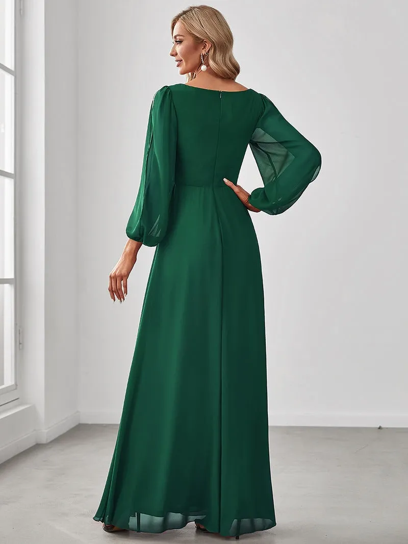 Slit Lantern Sleeve V-Neck A-Line Floor-Length Dress
