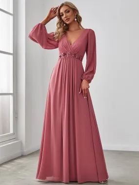 Slit Lantern Sleeve V-Neck A-Line Floor-Length Dress