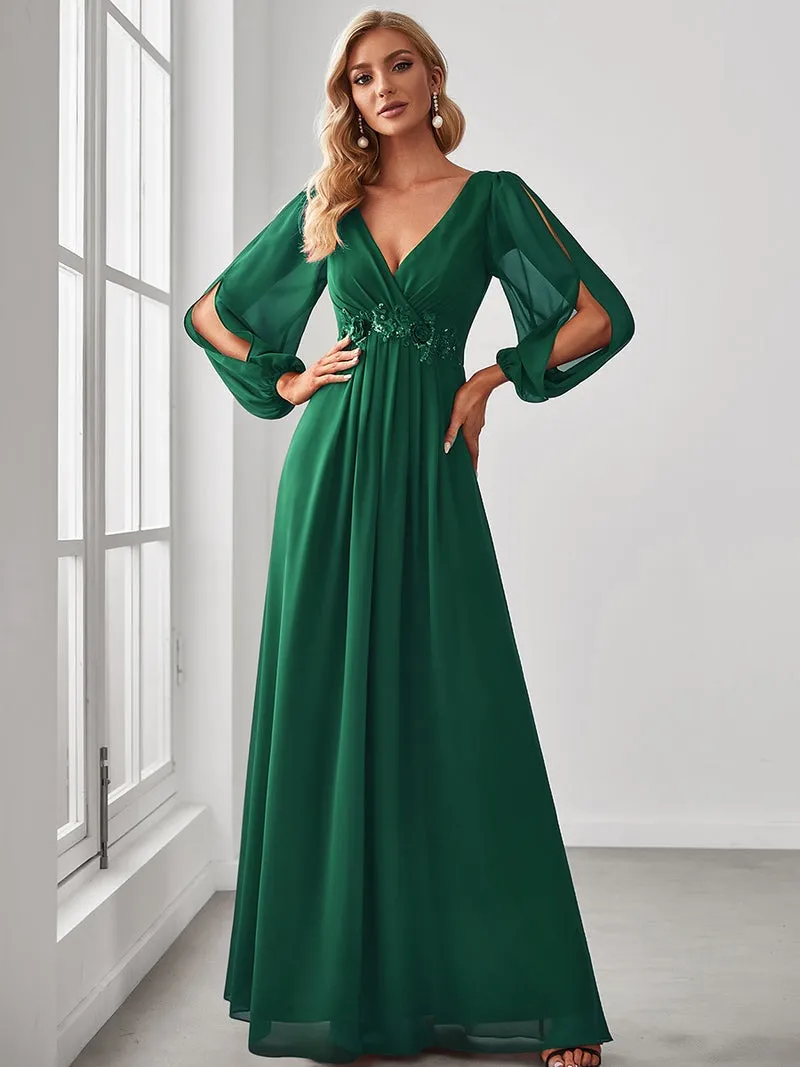 Slit Lantern Sleeve V-Neck A-Line Floor-Length Dress