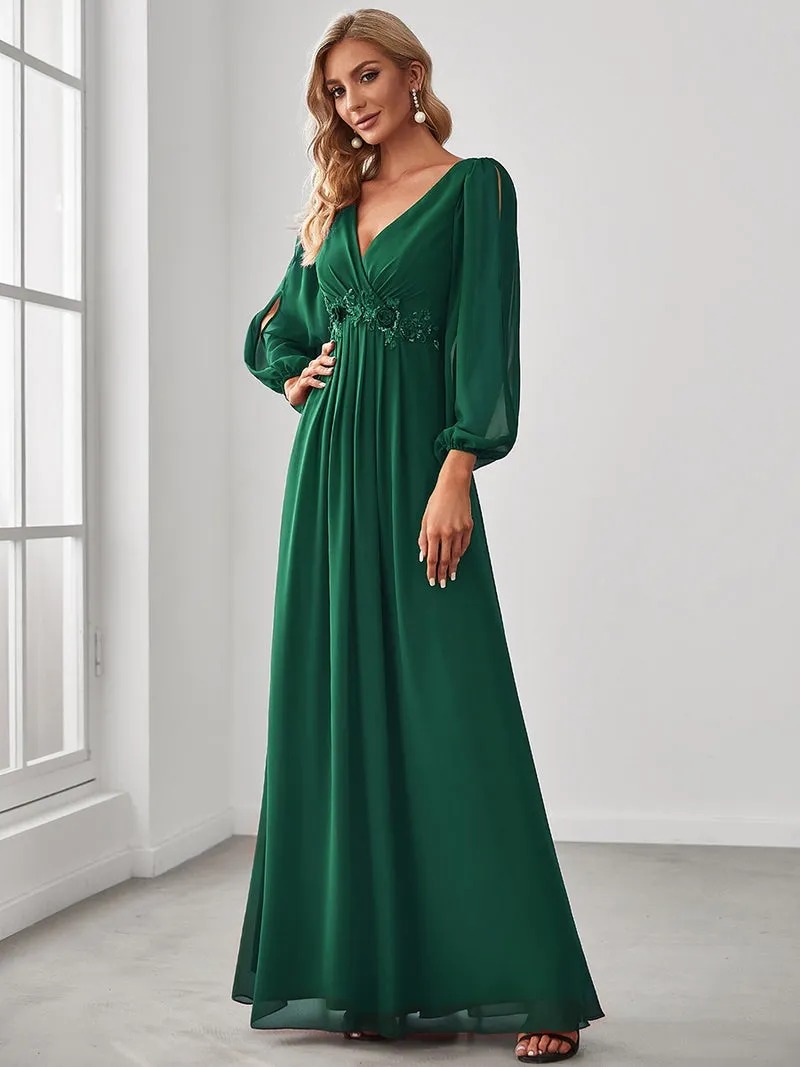 Slit Lantern Sleeve V-Neck A-Line Floor-Length Dress