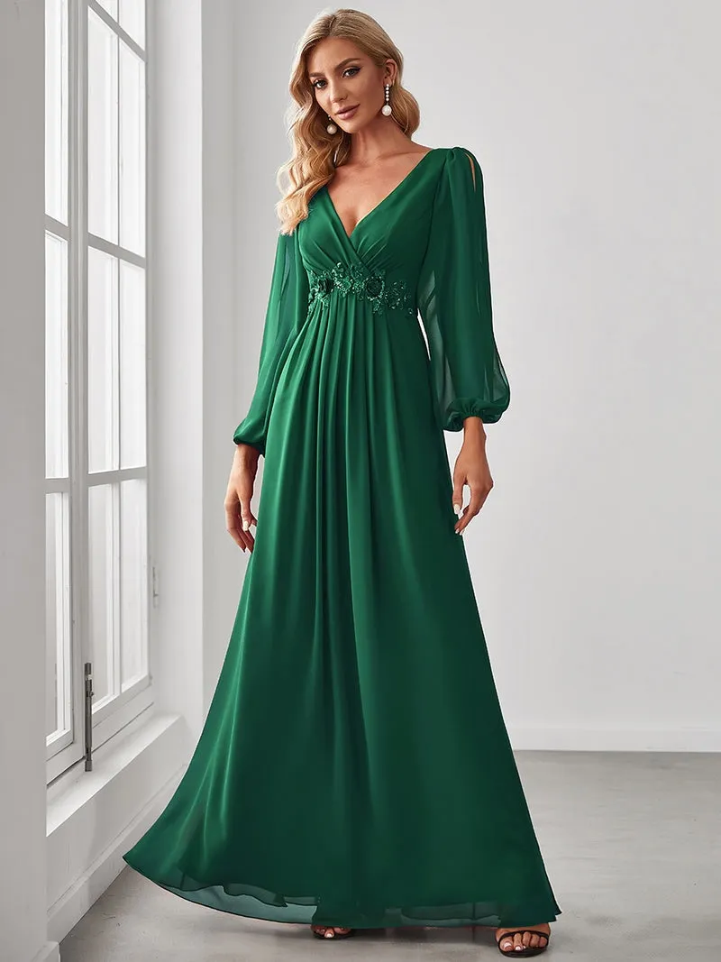 Slit Lantern Sleeve V-Neck A-Line Floor-Length Dress