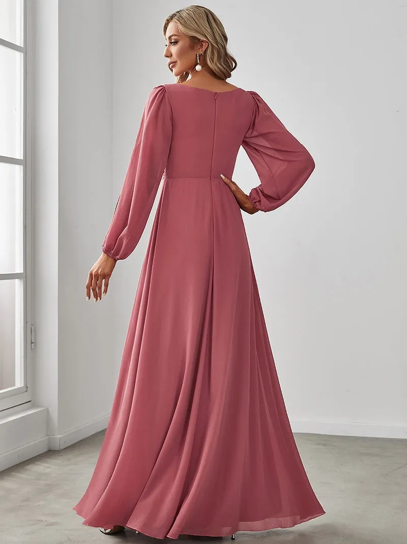 Slit Lantern Sleeve V-Neck A-Line Floor-Length Dress