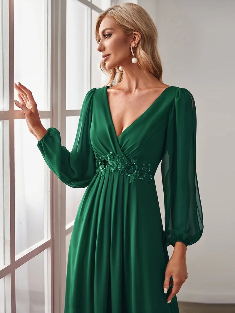 Slit Lantern Sleeve V-Neck A-Line Floor-Length Dress