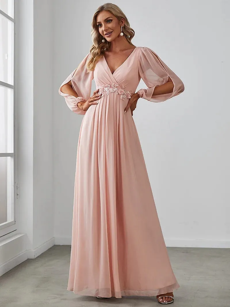 Slit Lantern Sleeve V-Neck A-Line Floor-Length Dress