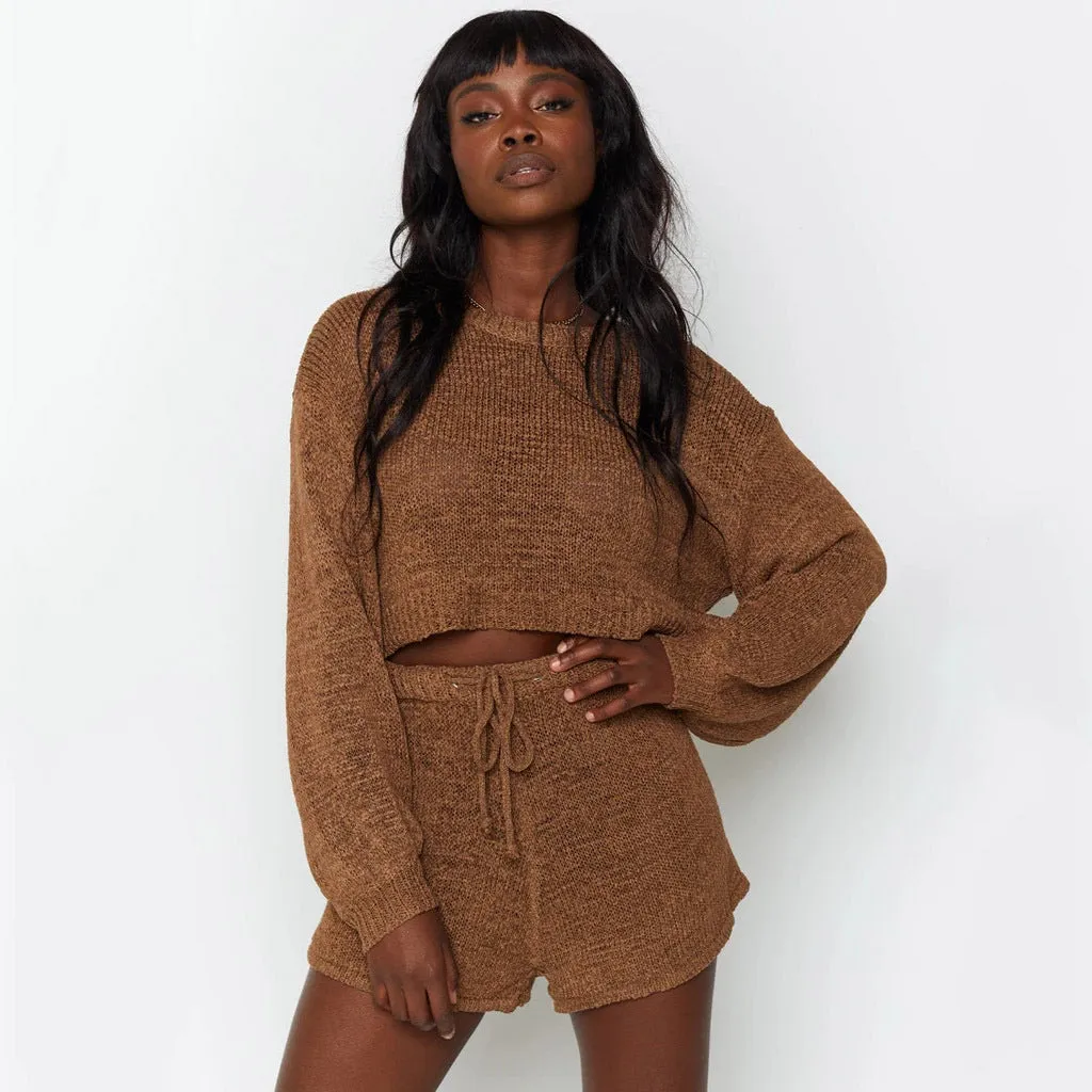 Soft and Lightweight Loosely Knitted Long Sleeves and Shorts Set