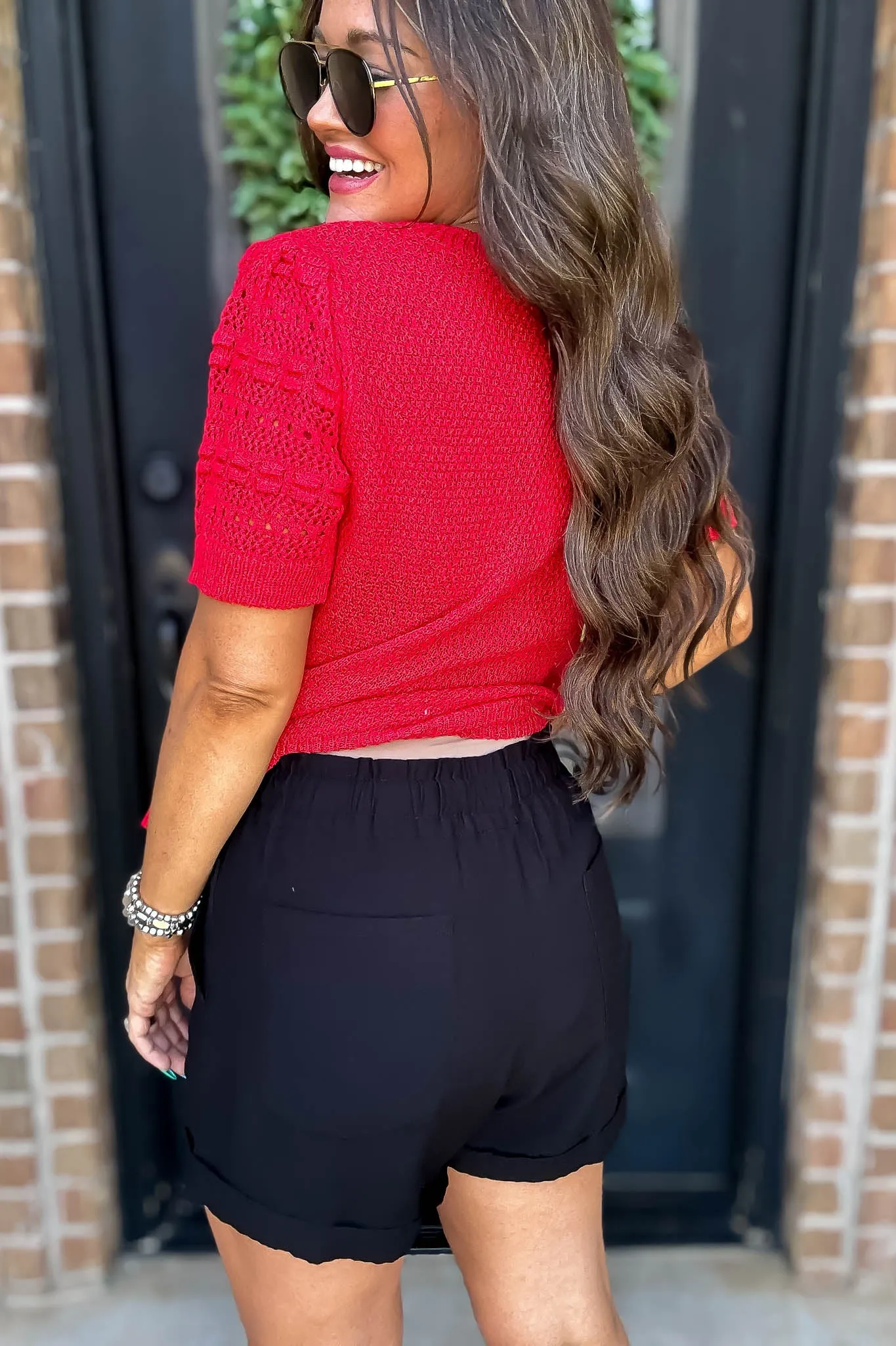 Suns Out Black Solid Cuffed Stretch-Band Shorts