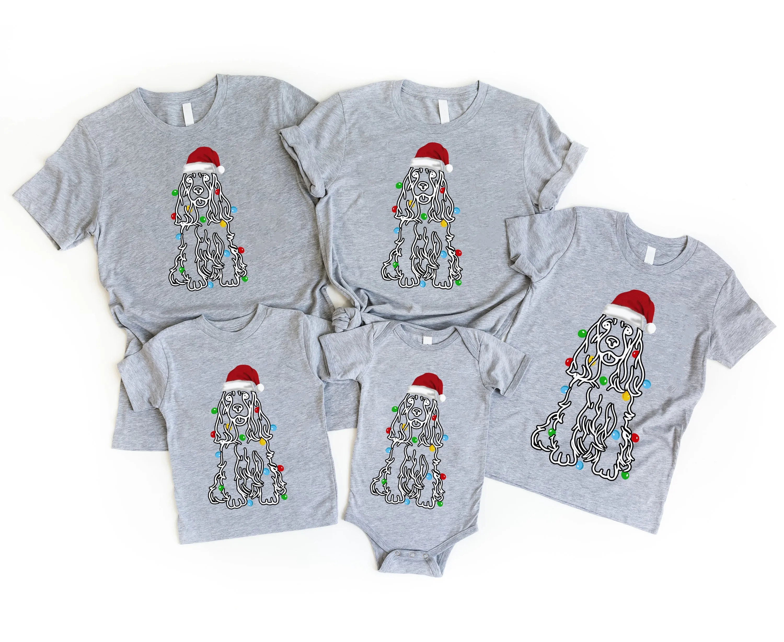The Dog With Santa Hat Patterned Gray Color Casual Short Sleeve T-shirts  Family Matching Tops With Dog Bandana