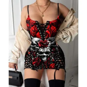Three Skull Fire Gothic Eyelet Lace-up Letter Dress