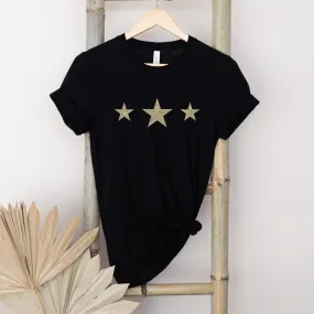 Triple Glitter Gold Stars Ladies Black T Shirt