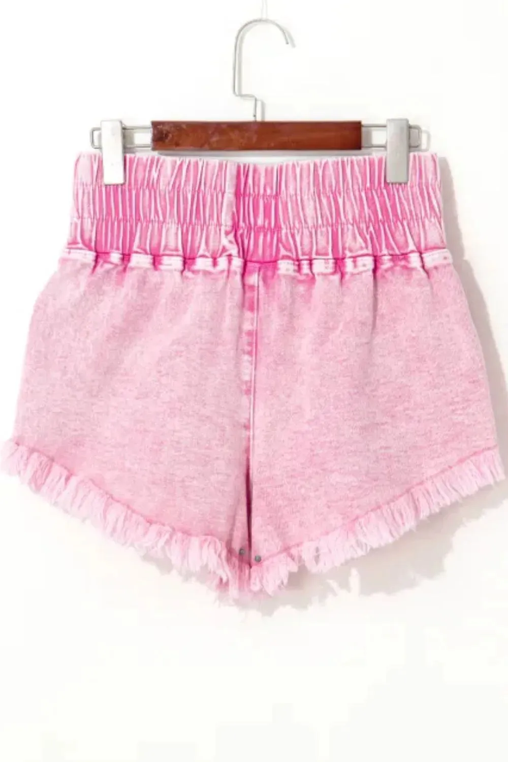 Washed Wide Smocked Waistband Frayed Denim Shorts