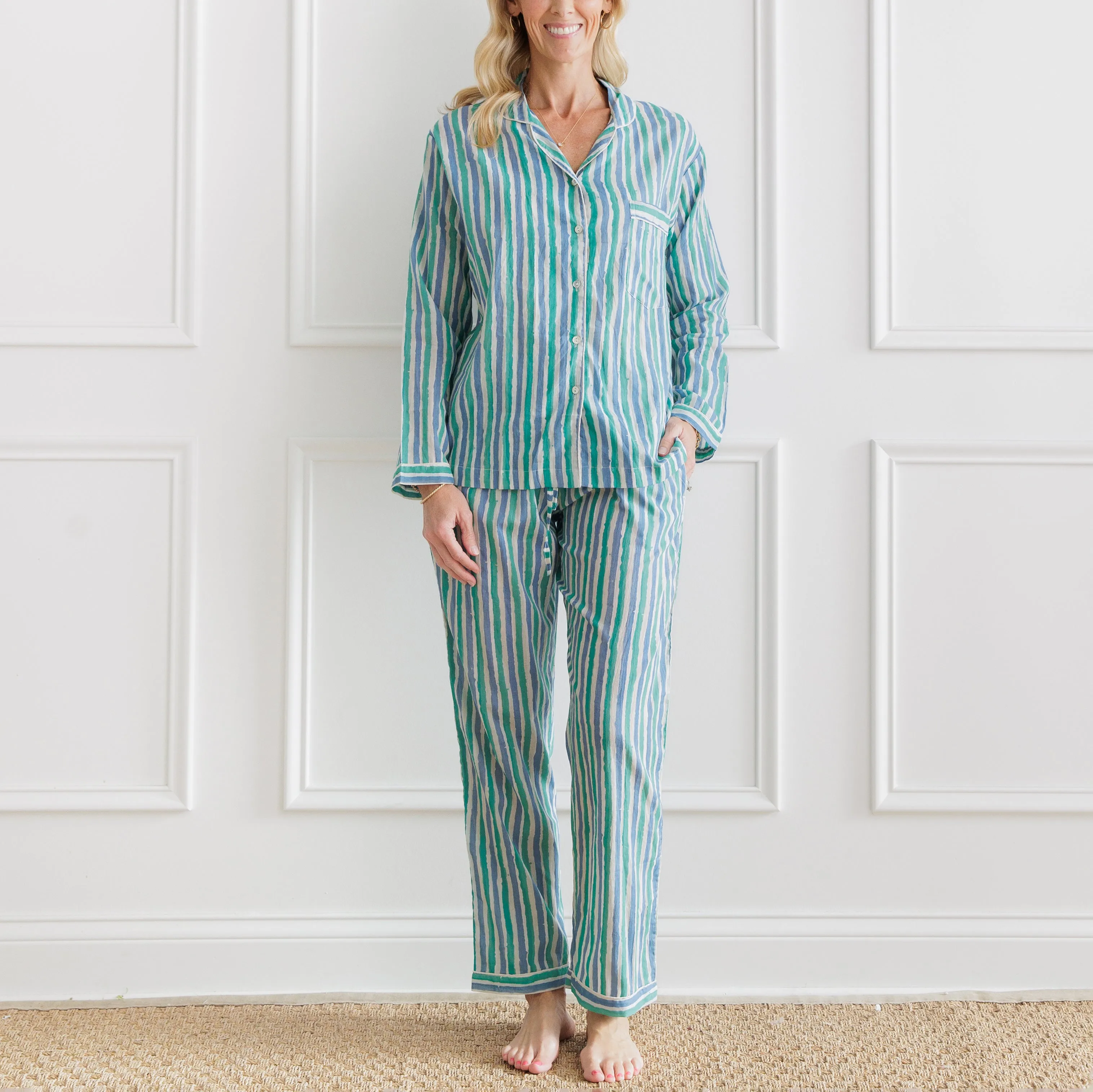 Watercolor Green Stripe Pajama Set