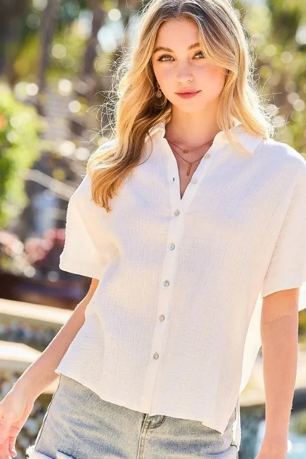 White Short Sleeve Collar Neck Button Down Sides Slit Oversized Solid Shirt Top