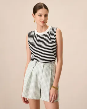 Women's Black Crew Neck Cotton Striped Tank Top