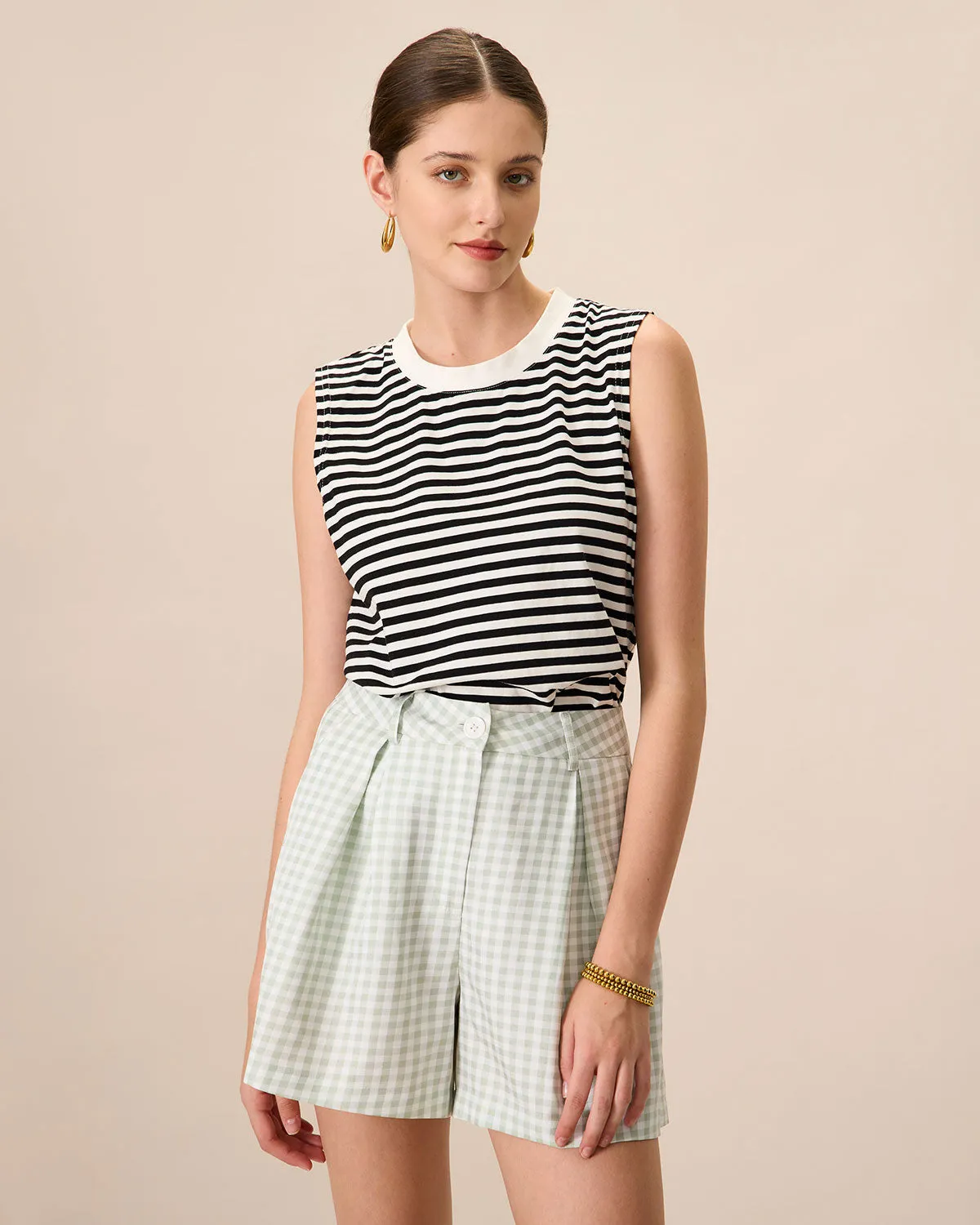 Women's Black Crew Neck Cotton Striped Tank Top