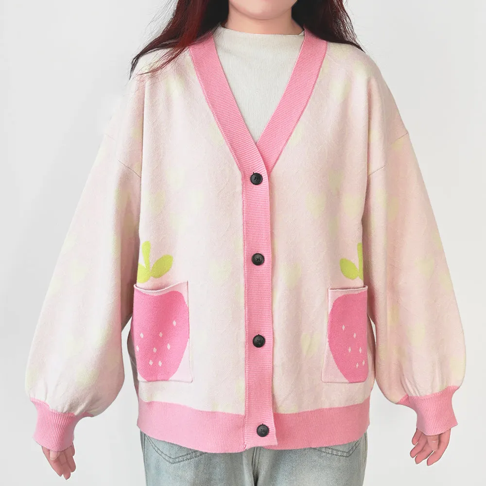 Women’s Kawaii Strawberry Cardigan Long Sleeve V Neck Knitted Cardigans Tops