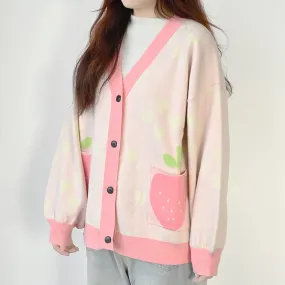 Women’s Kawaii Strawberry Cardigan Long Sleeve V Neck Knitted Cardigans Tops