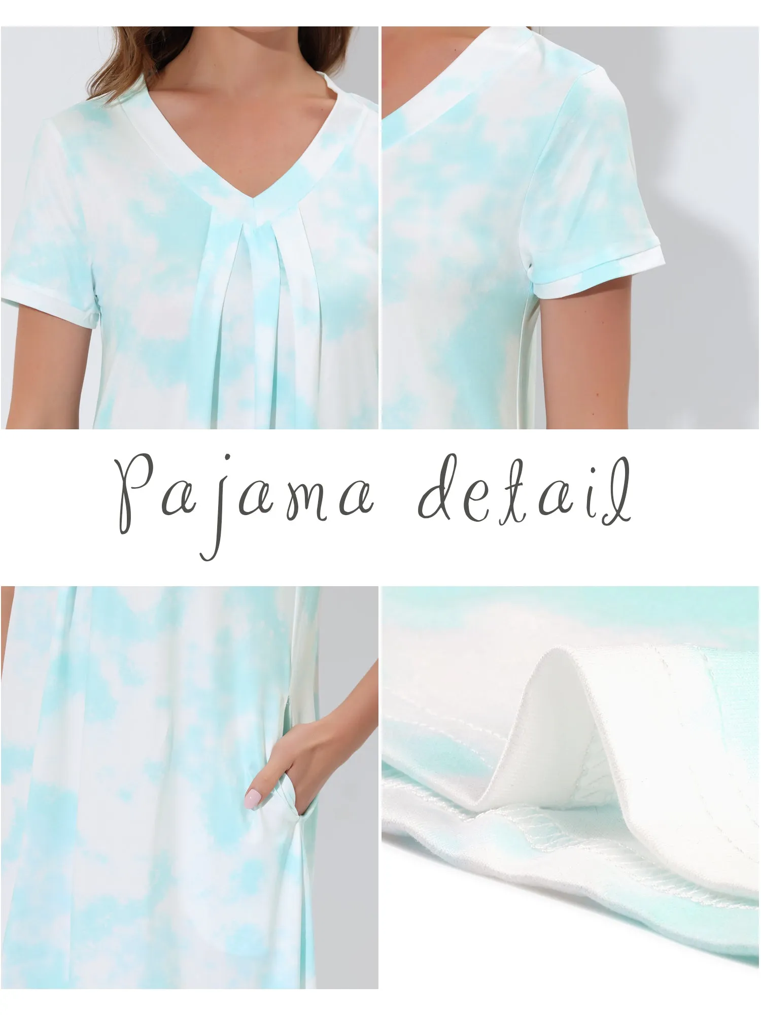 Women's Pajama Dress Nightshirt Sleepwear V-Neck with Pockets Lounge Nightgown