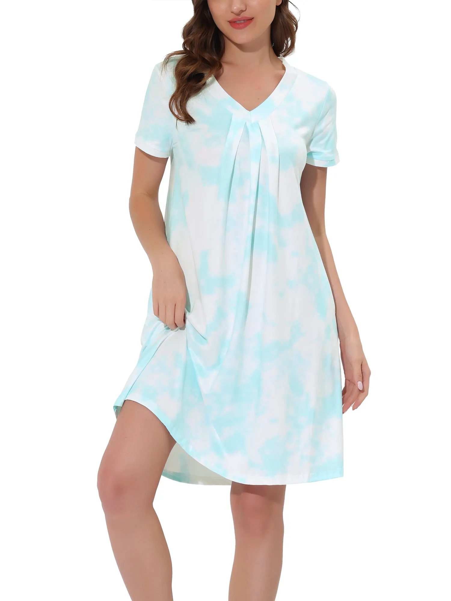 Women's Pajama Dress Nightshirt Sleepwear V-Neck with Pockets Lounge Nightgown