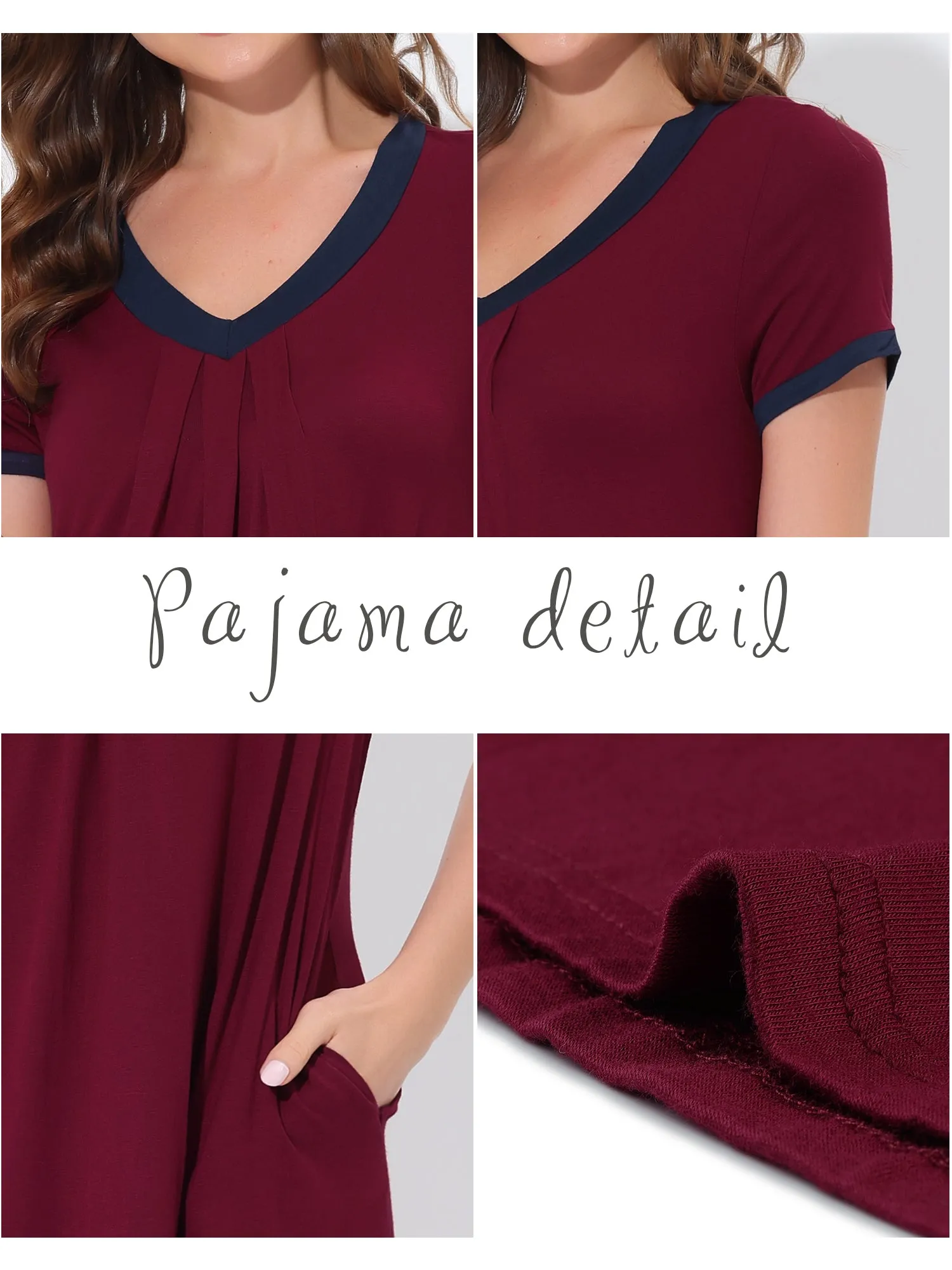 Women's Pajama Dress Nightshirt Sleepwear V-Neck with Pockets Lounge Nightgown
