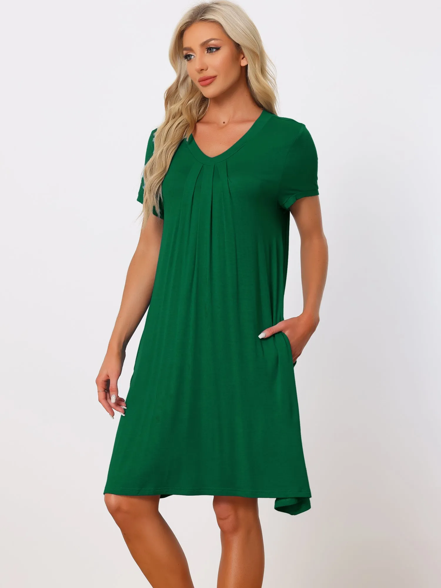 Women's Pajama Dress Nightshirt Sleepwear V-Neck with Pockets Lounge Nightgown