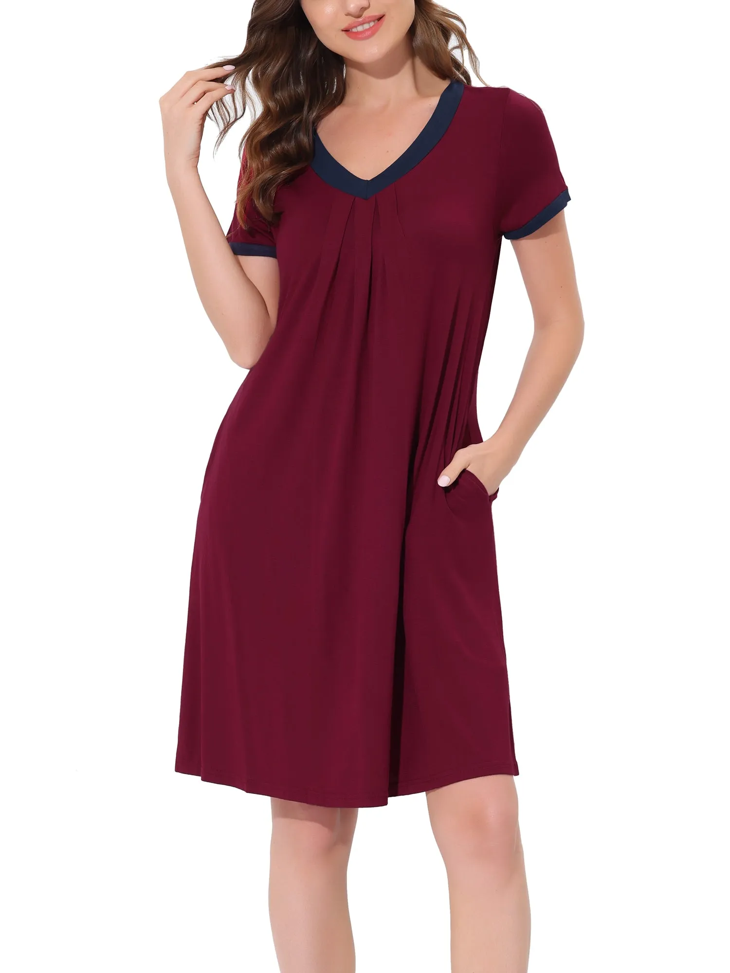 Women's Pajama Dress Nightshirt Sleepwear V-Neck with Pockets Lounge Nightgown