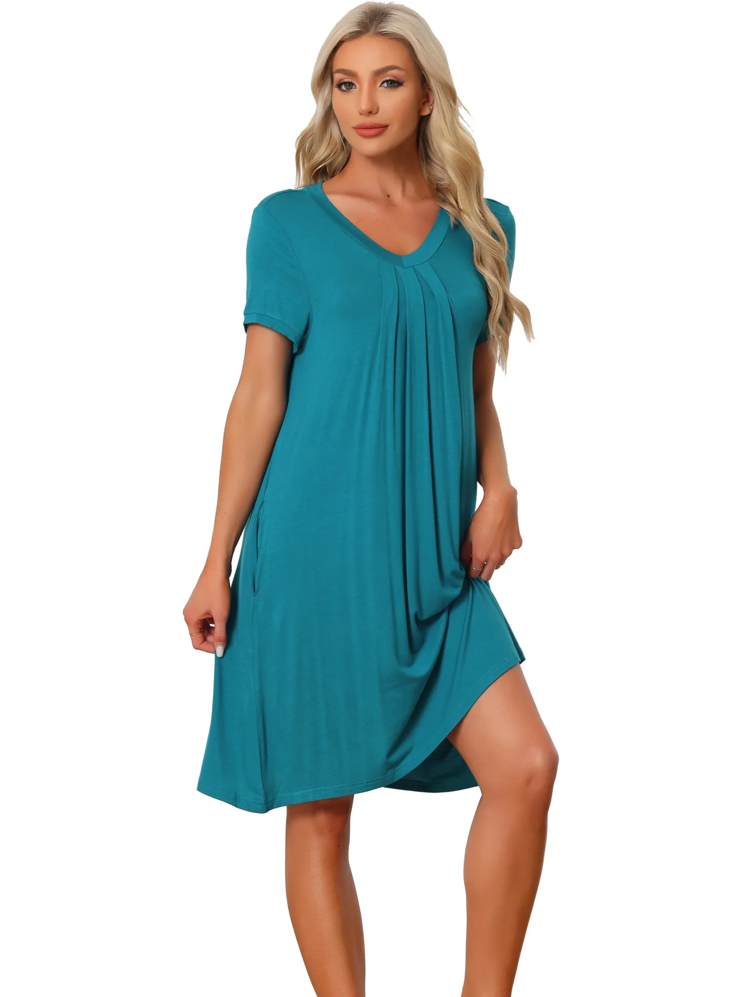 Women's Pajama Dress Nightshirt Sleepwear V-Neck with Pockets Lounge Nightgown