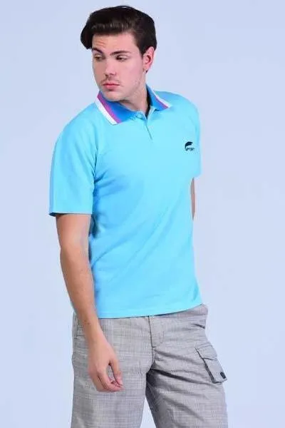 Yz-Guy Polo neck Sports T-Shirt - Arctic Blue with Tri-Color collar