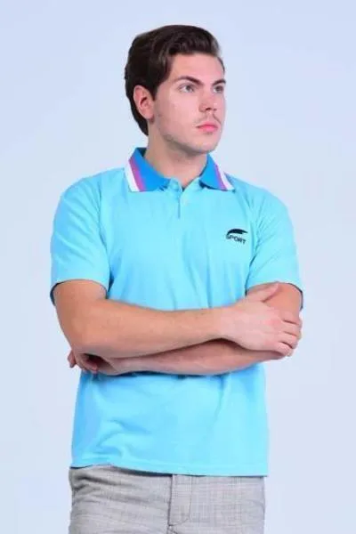 Yz-Guy Polo neck Sports T-Shirt - Arctic Blue with Tri-Color collar