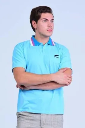 Yz-Guy Polo neck Sports T-Shirt - Arctic Blue with Tri-Color collar