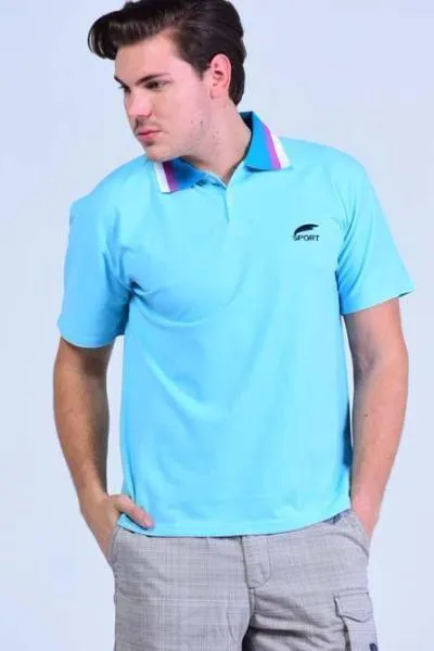 Yz-Guy Polo neck Sports T-Shirt - Arctic Blue with Tri-Color collar